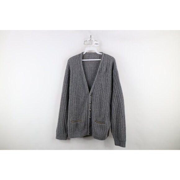Vtg 50s Rockabilly Mens XL Suede Leather Trim Ribbed Knit Cardigan Sweater USA